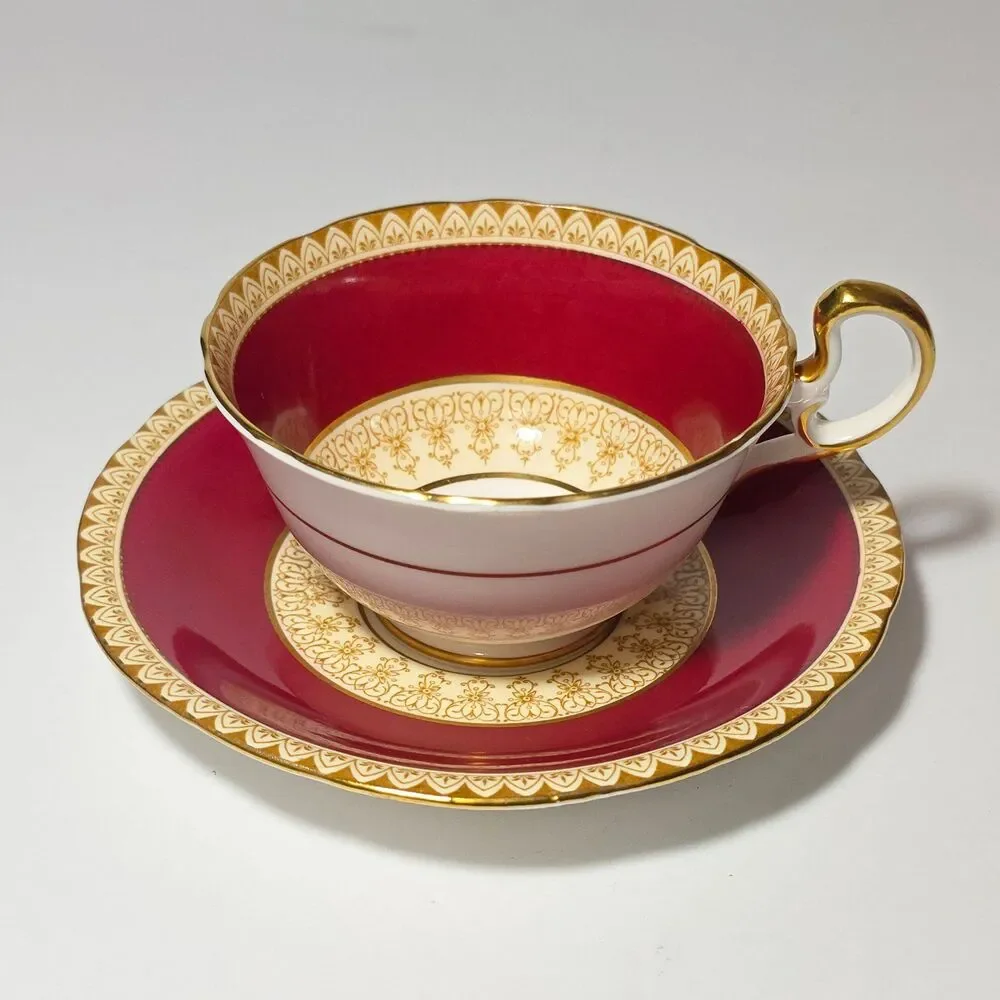Aynsley Teacup and Saucer Burgundy Vintage